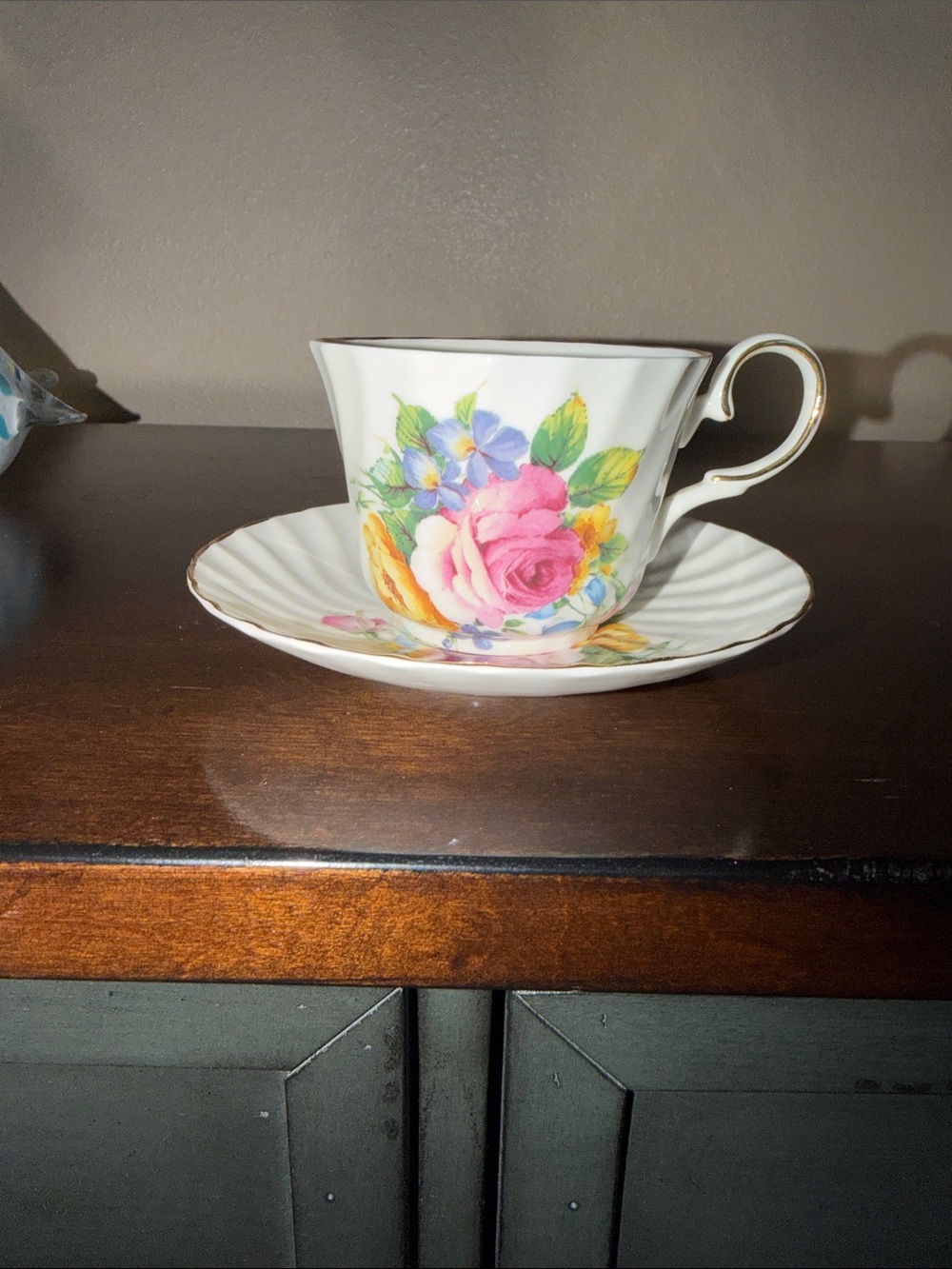 Floral Bone China Teacup & Saucer - Pink Rose Bouquet